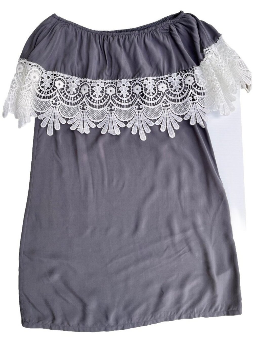 Swell Off Shoulder Gray Crochet Lace Dress Medium Rayon Boho NWT No Tags M - Picture 3 of 7
